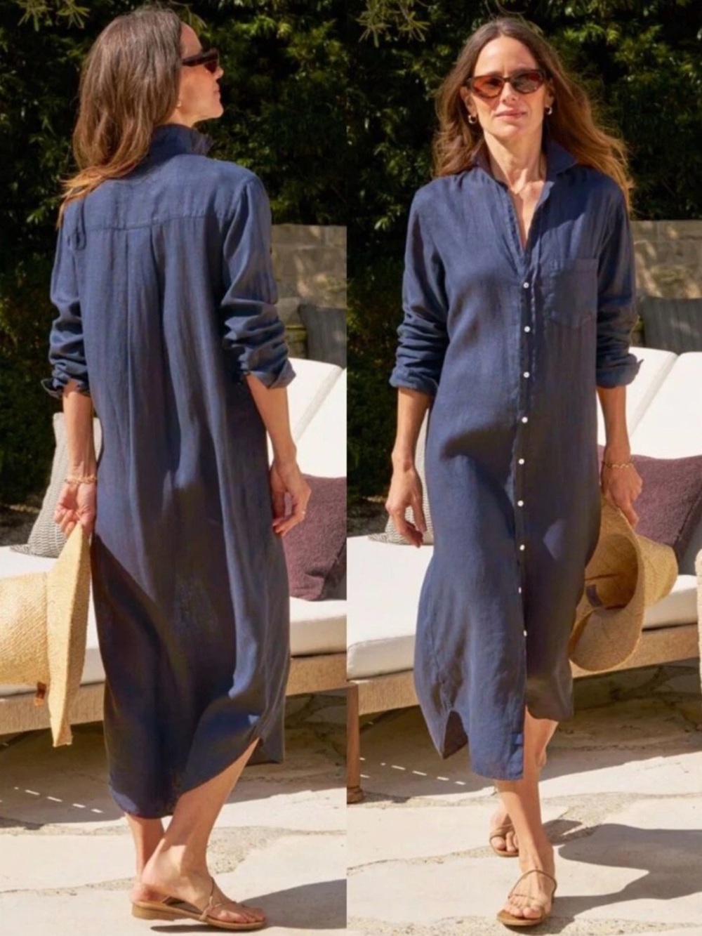 Frank & Eileen Rory Linen Maxi Shirtdress Indigo Navy Blue Button Down Large